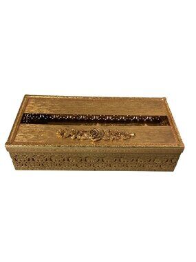 Hollywood Regency Gold Tone Filigree Tissue Box Holder Rose Floral Pattern VTG